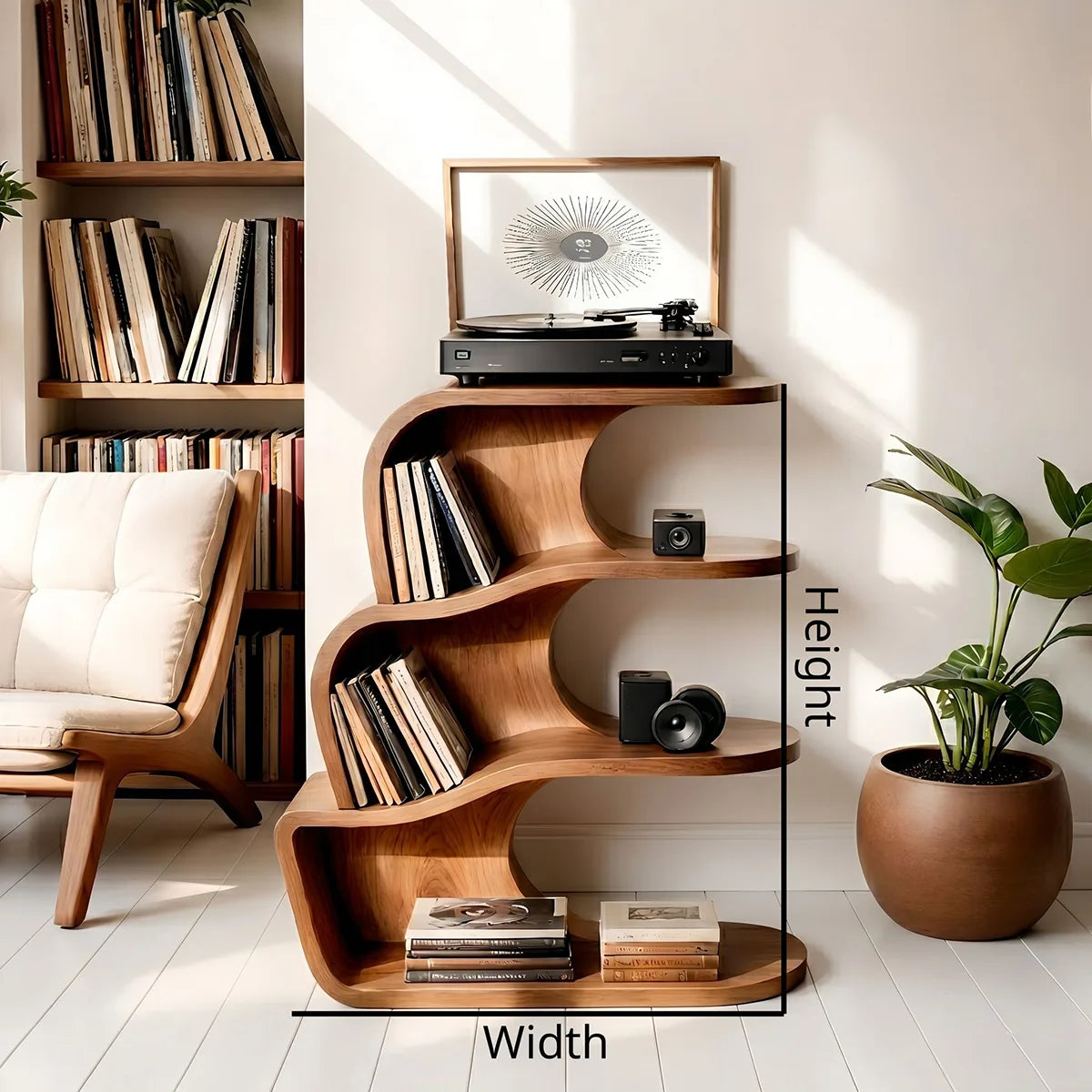 Modern Solid Wood Record Player Shelf, Curved Bookcase with Vinyl Storage Display