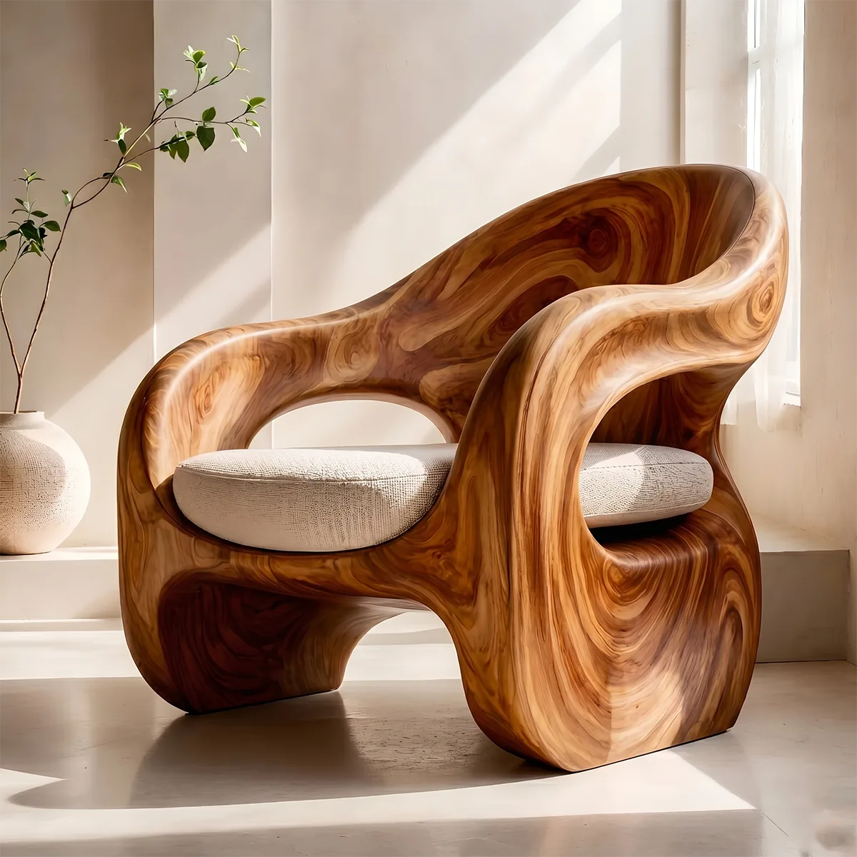 Organic Sculptural Solid Wood Lounge Chair | Handcrafted Curved Wooden Accent Chair TT006-8559
