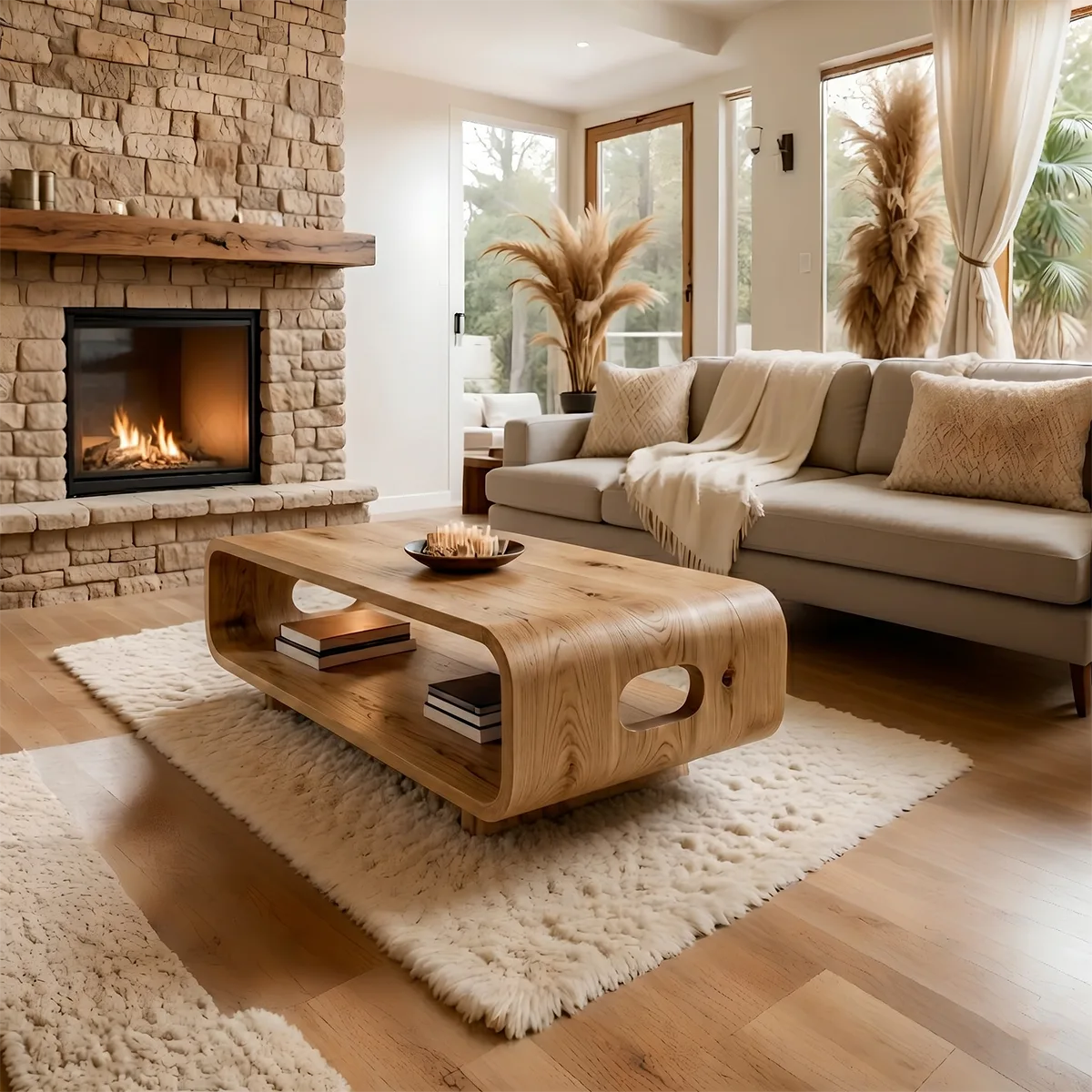 Modern Solid Wood Curved Coffee Table with Open Shelf and Side Cutouts