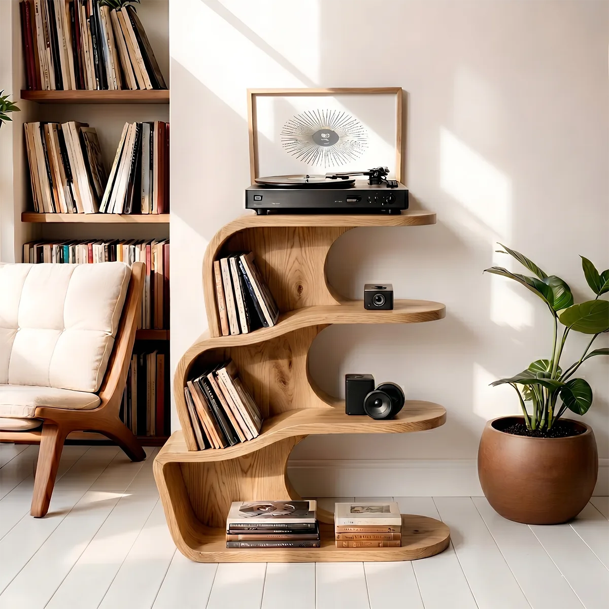 Modern Solid Wood Record Player Shelf, Curved Bookcase with Vinyl Storage Display