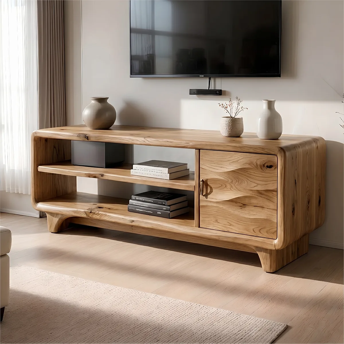 Modern Solid Wood Rounded TV Stand with Wavy Carved Cabinet