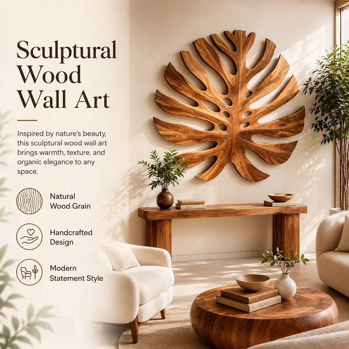 Large Monstera Leaf Wood Wall Art | Botanical Wooden Wall Decor for Bedroom, Living Room & Modern Home TT006-3388