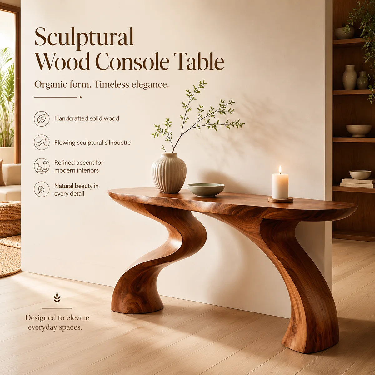 Modern Sculptural Console Table | Solid Wood Organic Entryway Hallway Accent Table TT006-3072