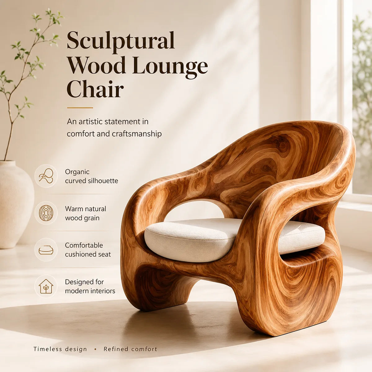 Organic Sculptural Solid Wood Lounge Chair | Handcrafted Curved Wooden Accent Chair TT006-8559