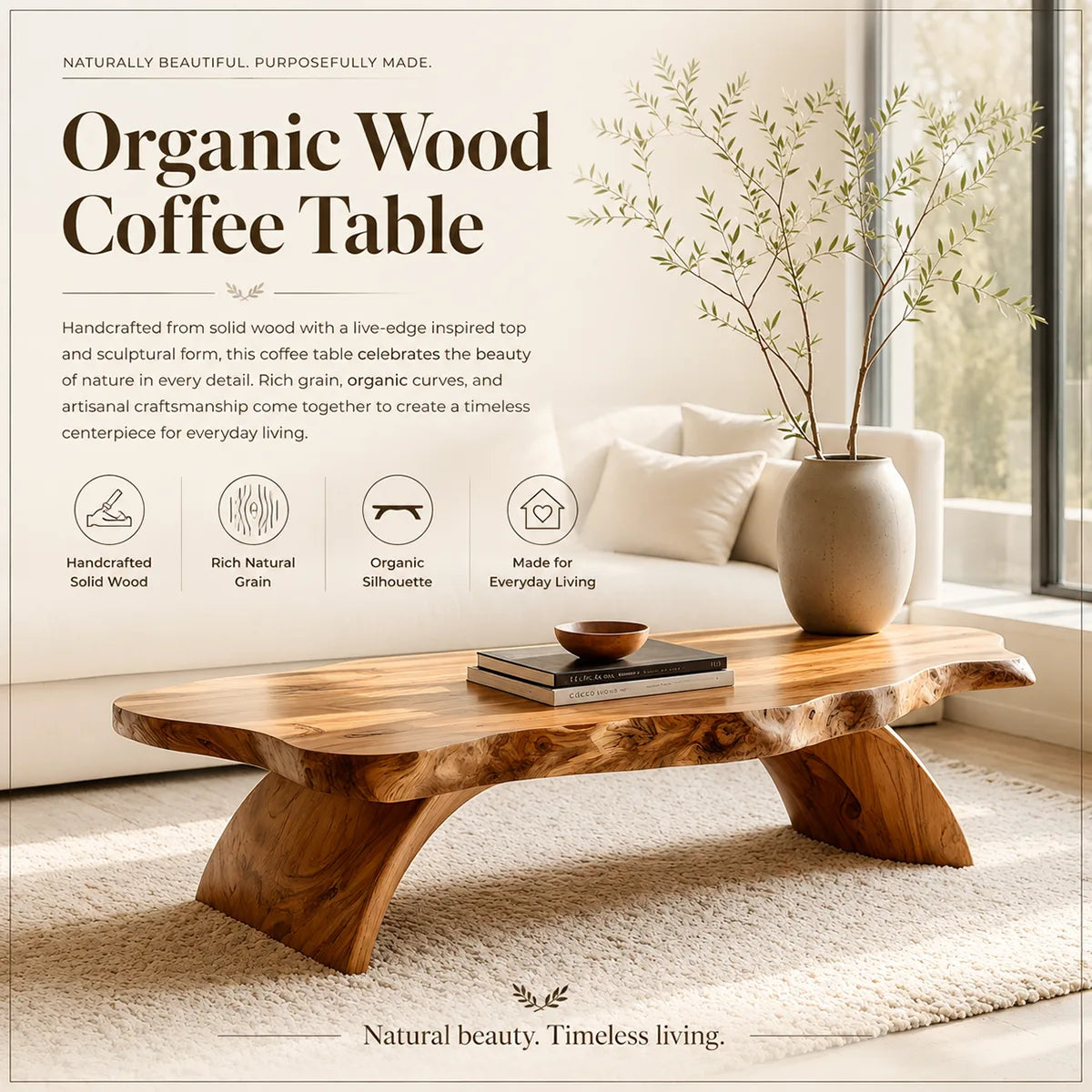 Live Edge Coffee Table | Organic Solid Wood Slab Center Table for Living Room TT006-7391