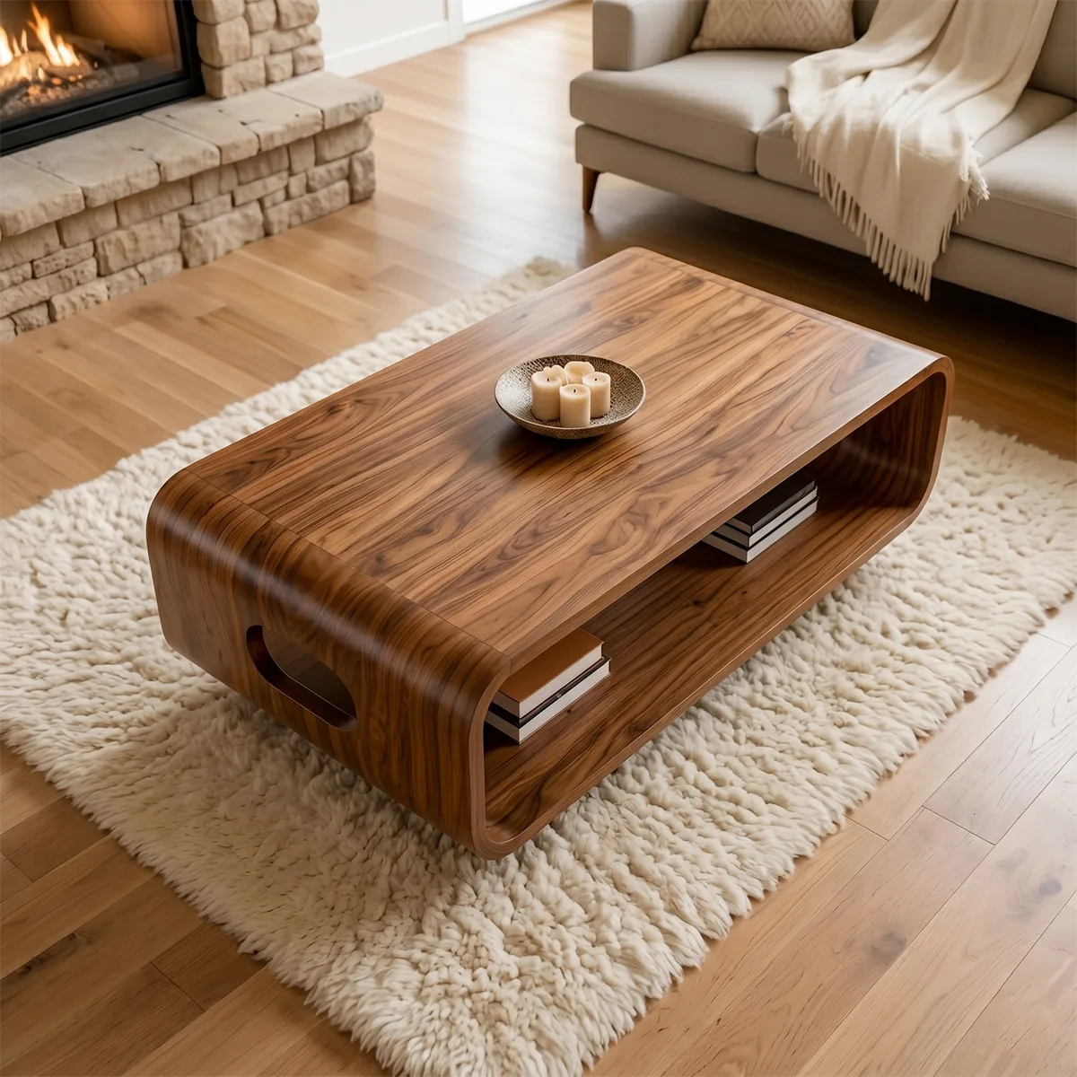 Modern Solid Wood Curved Coffee Table with Open Shelf and Side Cutouts