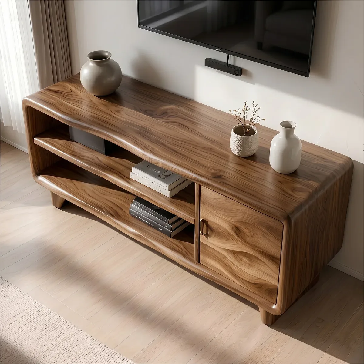 Modern Solid Wood Rounded TV Stand with Wavy Carved Cabinet