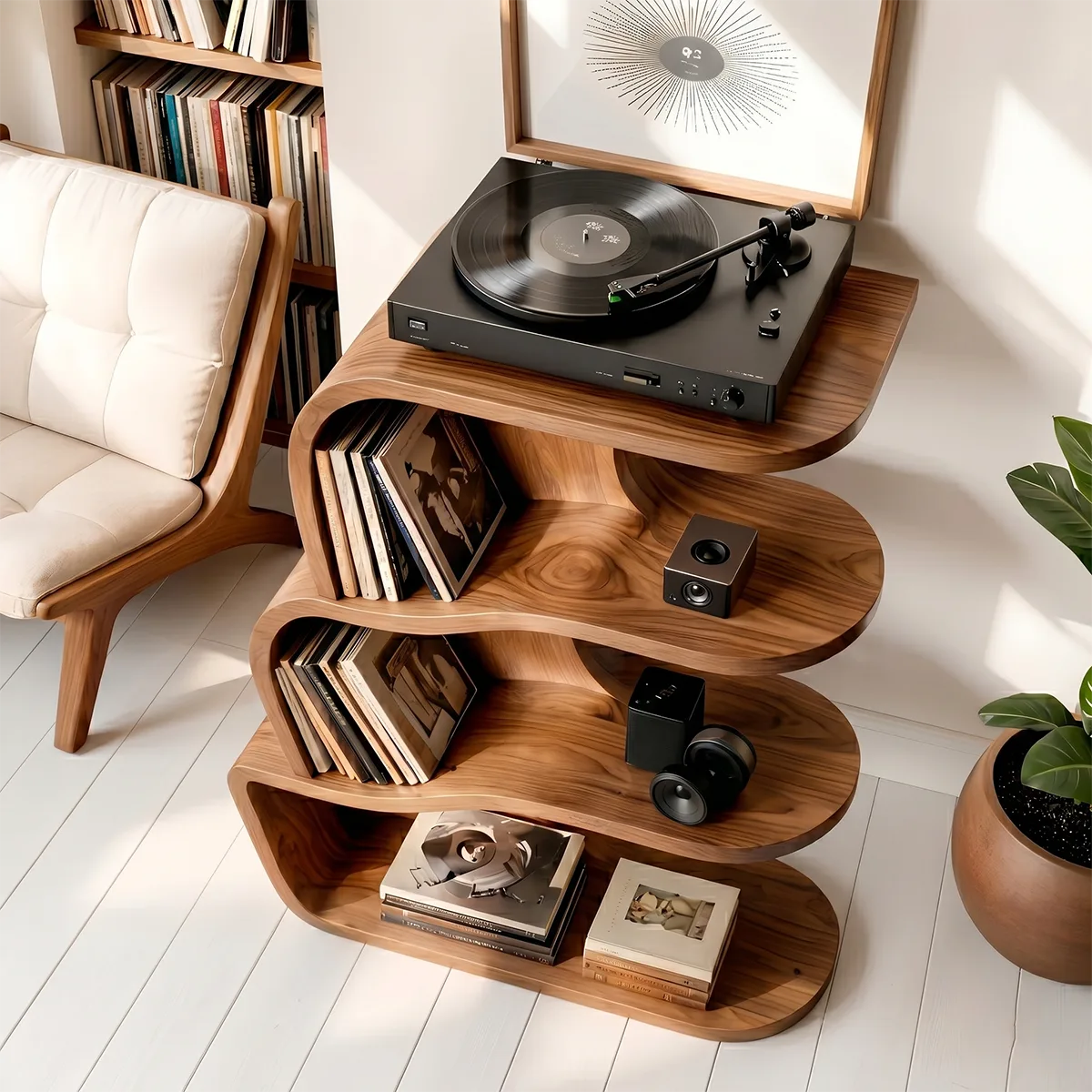 Modern Solid Wood Record Player Shelf, Curved Bookcase with Vinyl Storage Display