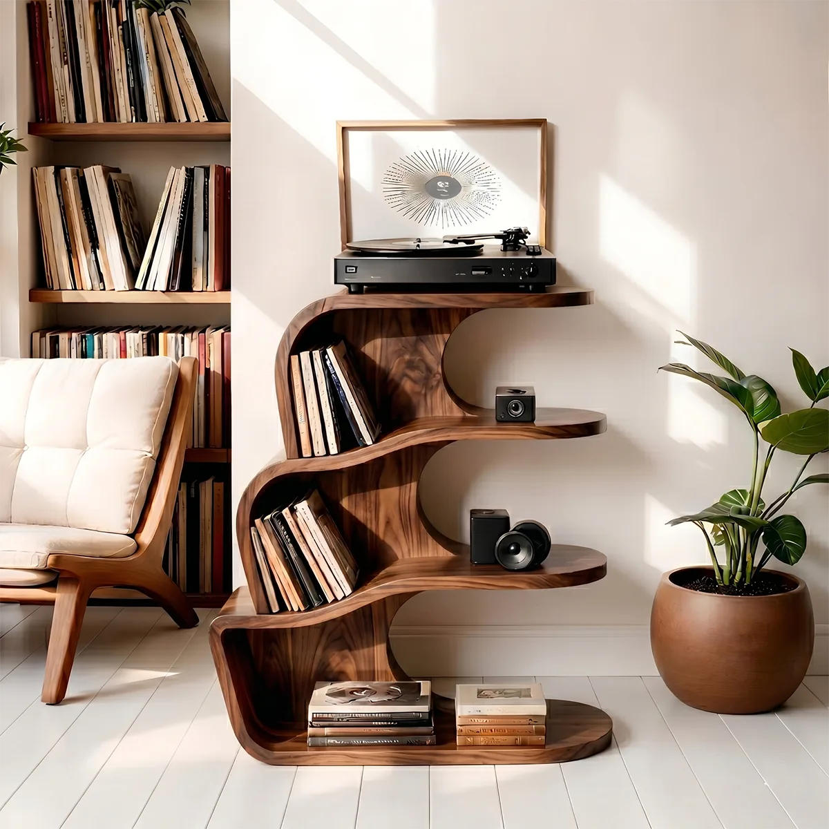Modern Solid Wood Record Player Shelf, Curved Bookcase with Vinyl Storage Display