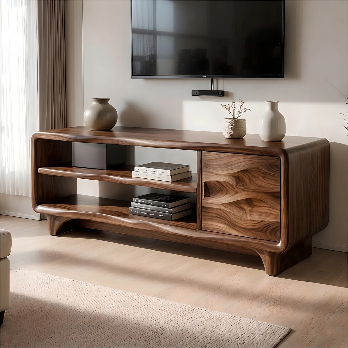 Modern Solid Wood Rounded TV Stand with Wavy Carved Cabinet