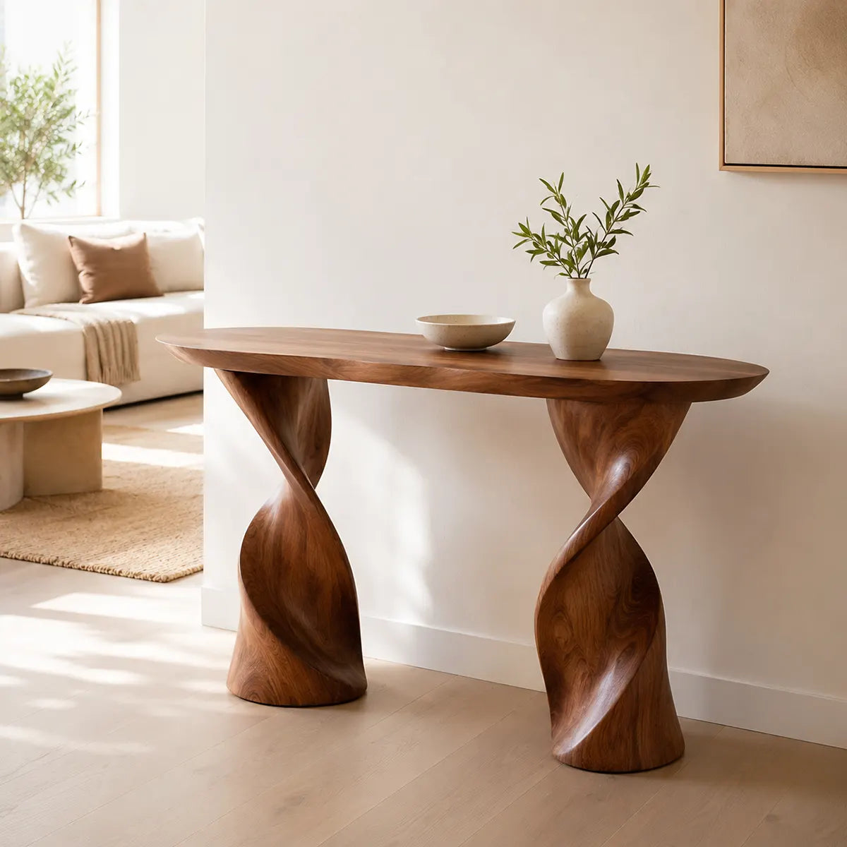 Modern Twist Pedestal Console Table | Sculptural Solid Wood Entryway Hallway Accent Table TT006-2523
