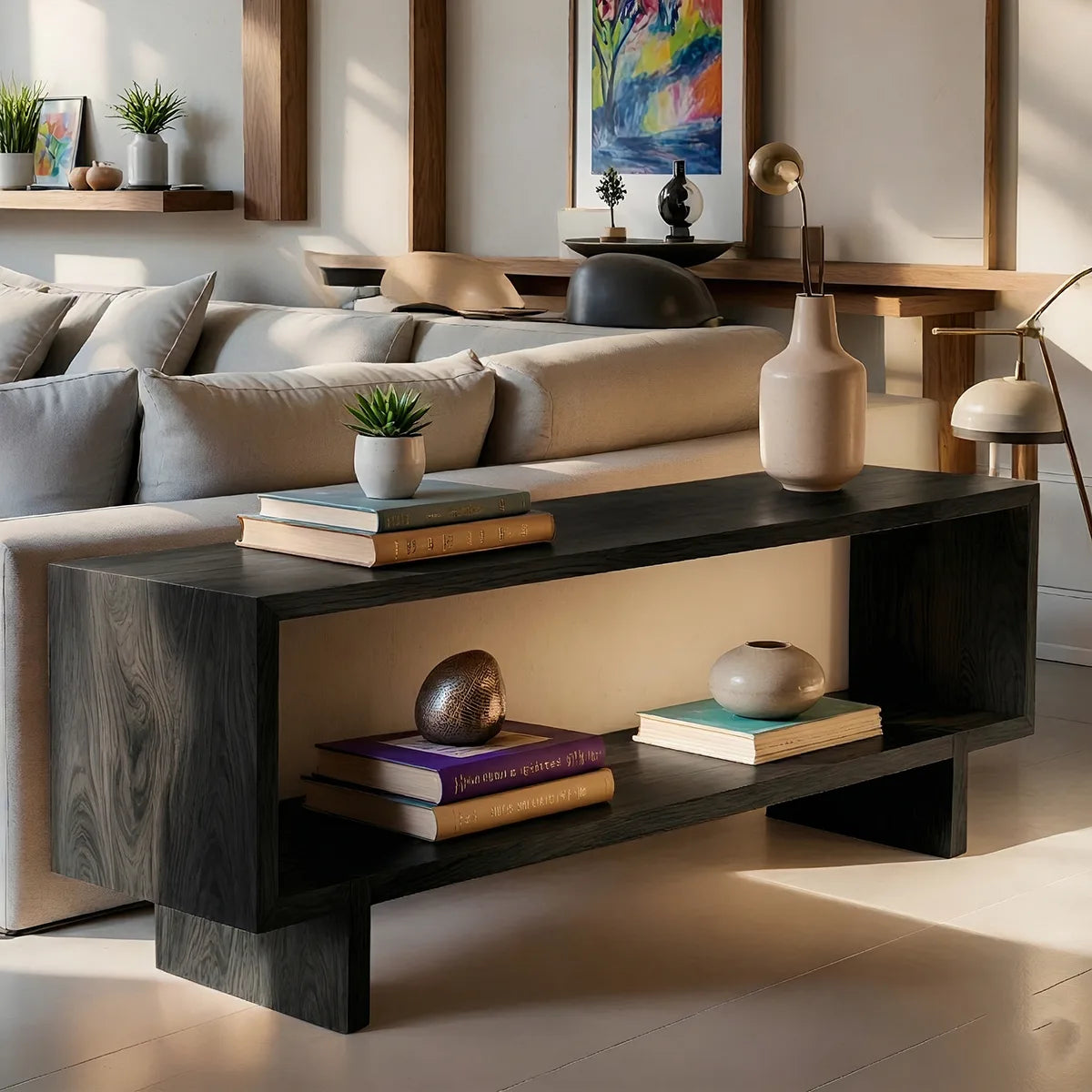 Solid Wood Sofa Console Table with Open Shelf and Block Legs