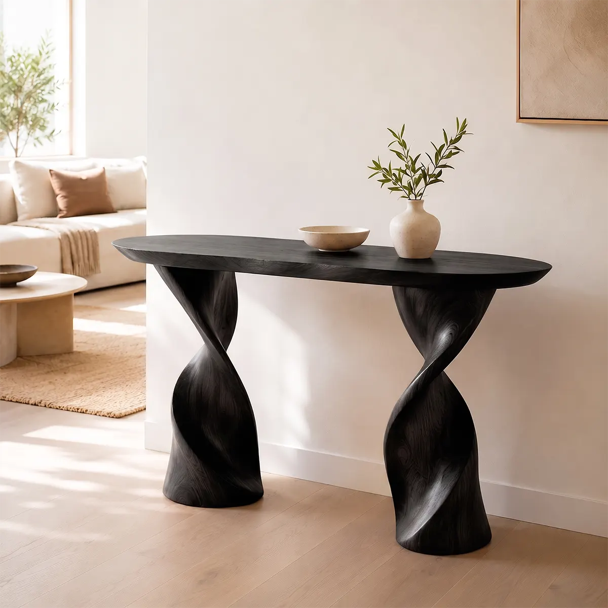Modern Twist Pedestal Console Table | Sculptural Solid Wood Entryway Hallway Accent Table TT006-2523