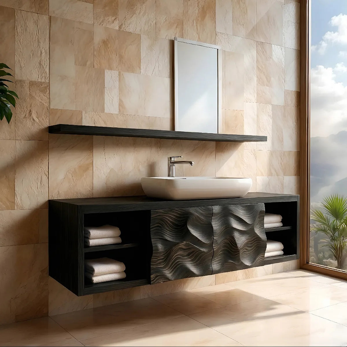 Floating Solid Wood Bathroom Vanity with Sculpted Doors and Open Side Shelves