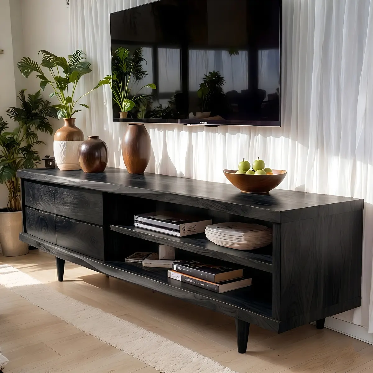 Mid Century Modern Solid Wood TV Stand with Live Edge Top