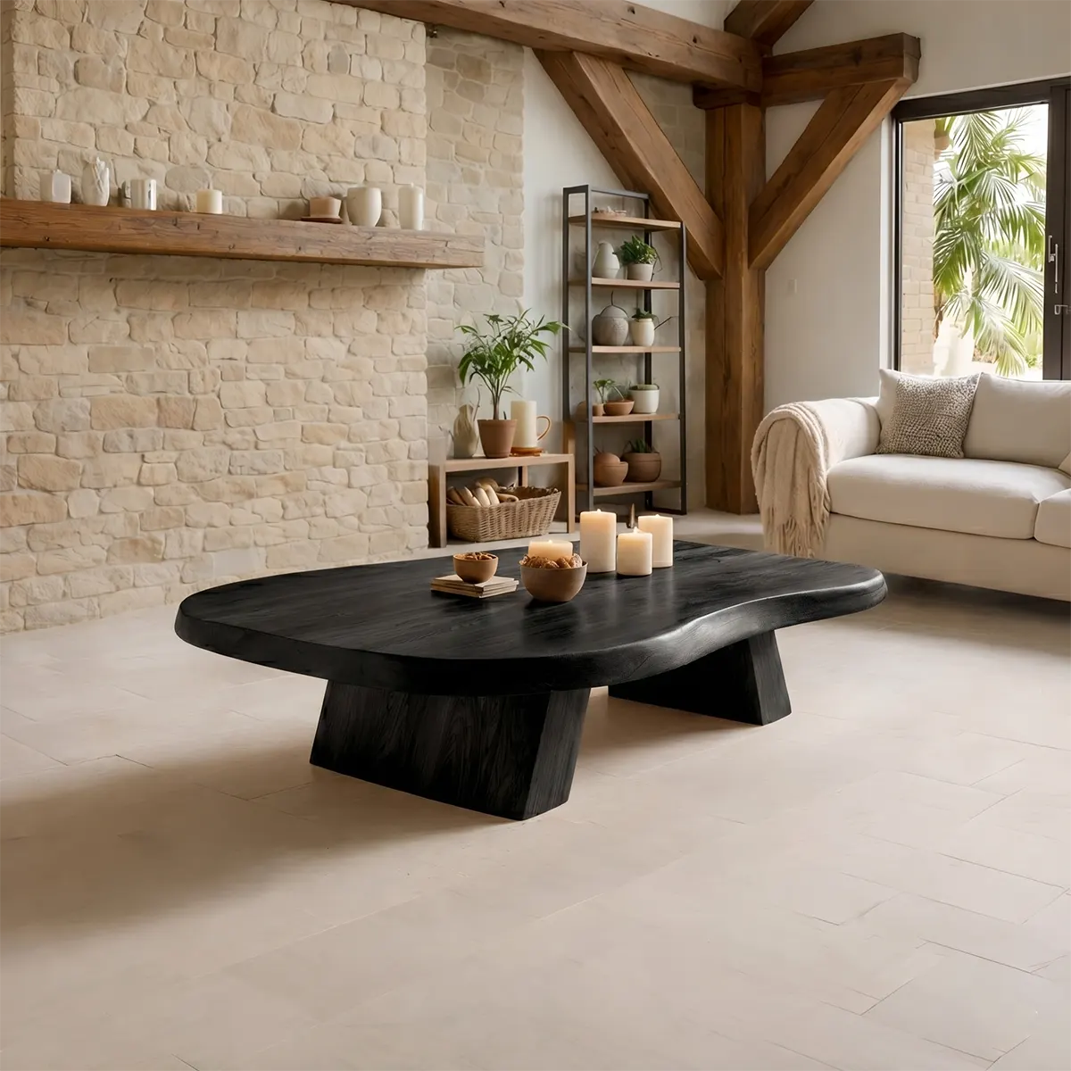 Large Organic Solid Wood Coffee Table with Tapered Pedestal Base