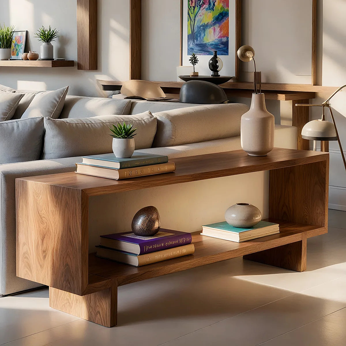 Solid Wood Sofa Console Table with Open Shelf and Block Legs