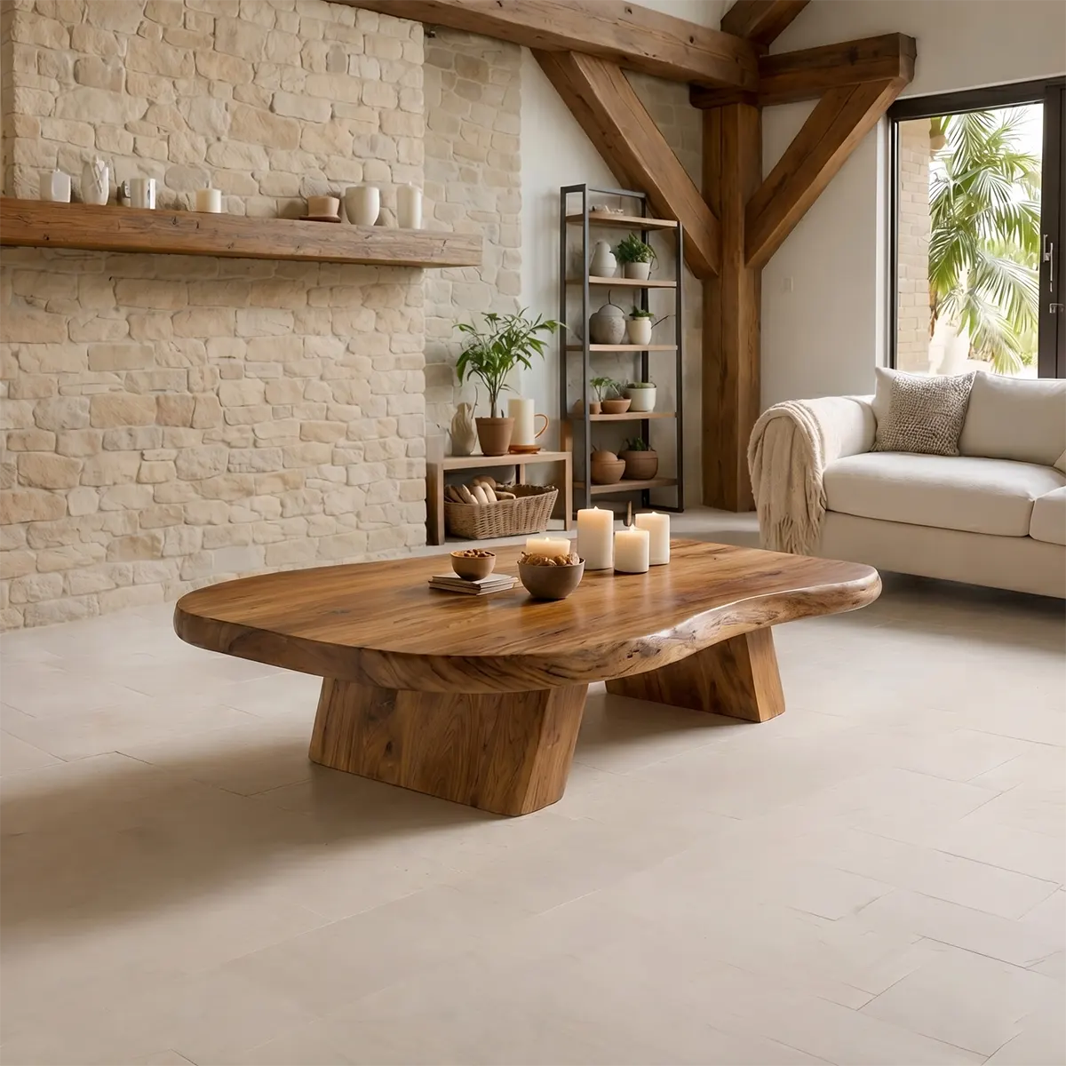 Large Organic Solid Wood Coffee Table with Tapered Pedestal Base