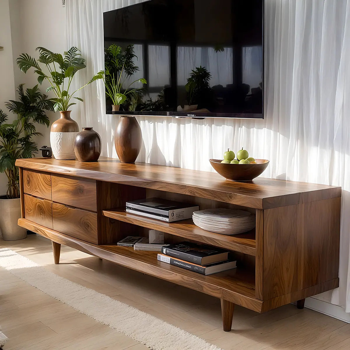Mid Century Modern Solid Wood TV Stand with Live Edge Top