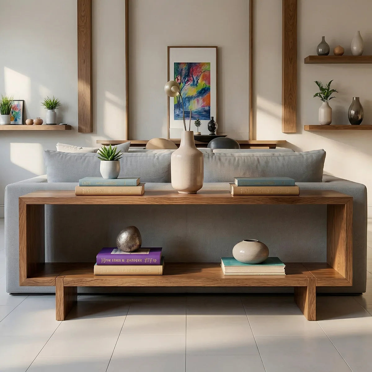 Solid Wood Sofa Console Table with Open Shelf and Block Legs
