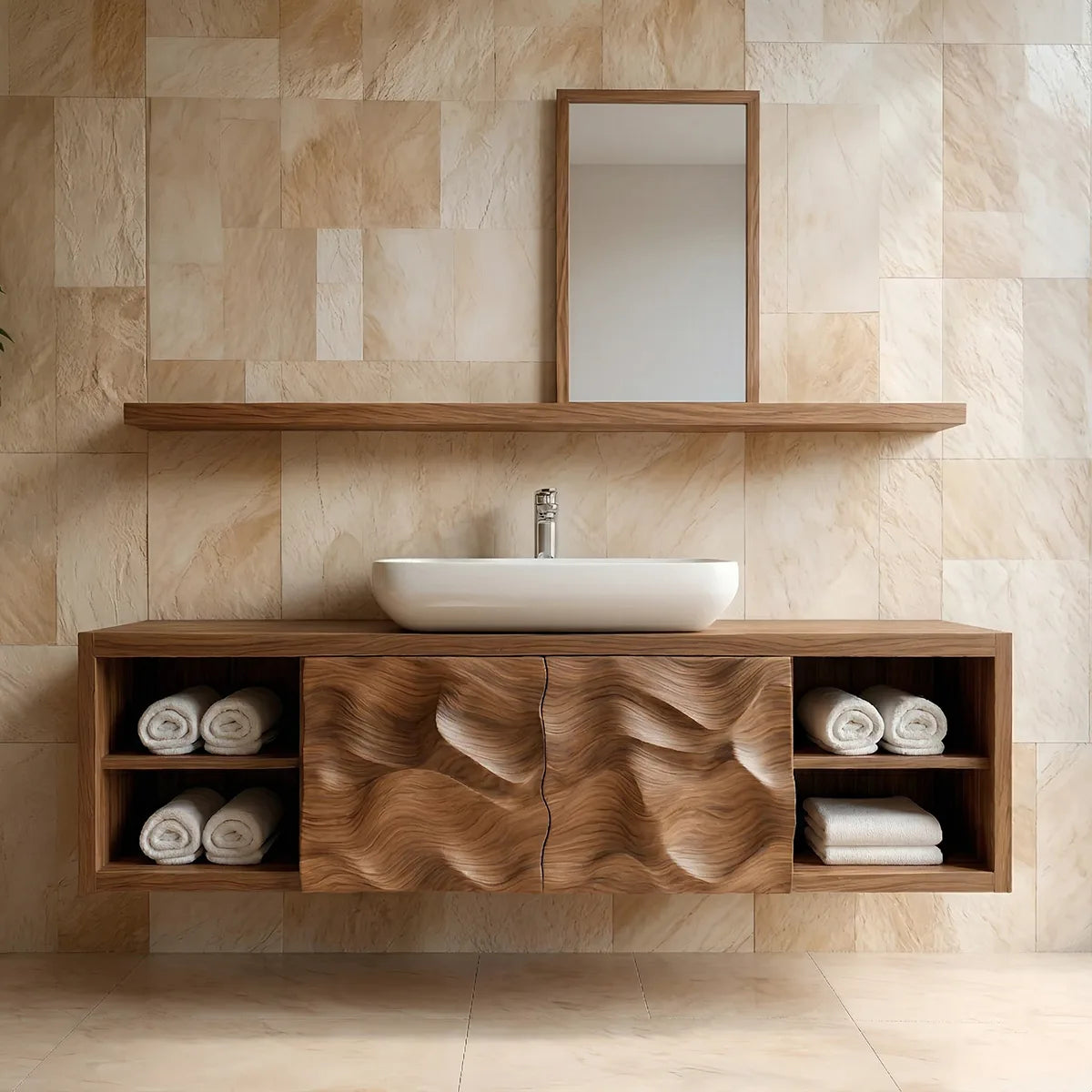 Floating Solid Wood Bathroom Vanity with Sculpted Doors and Open Side Shelves