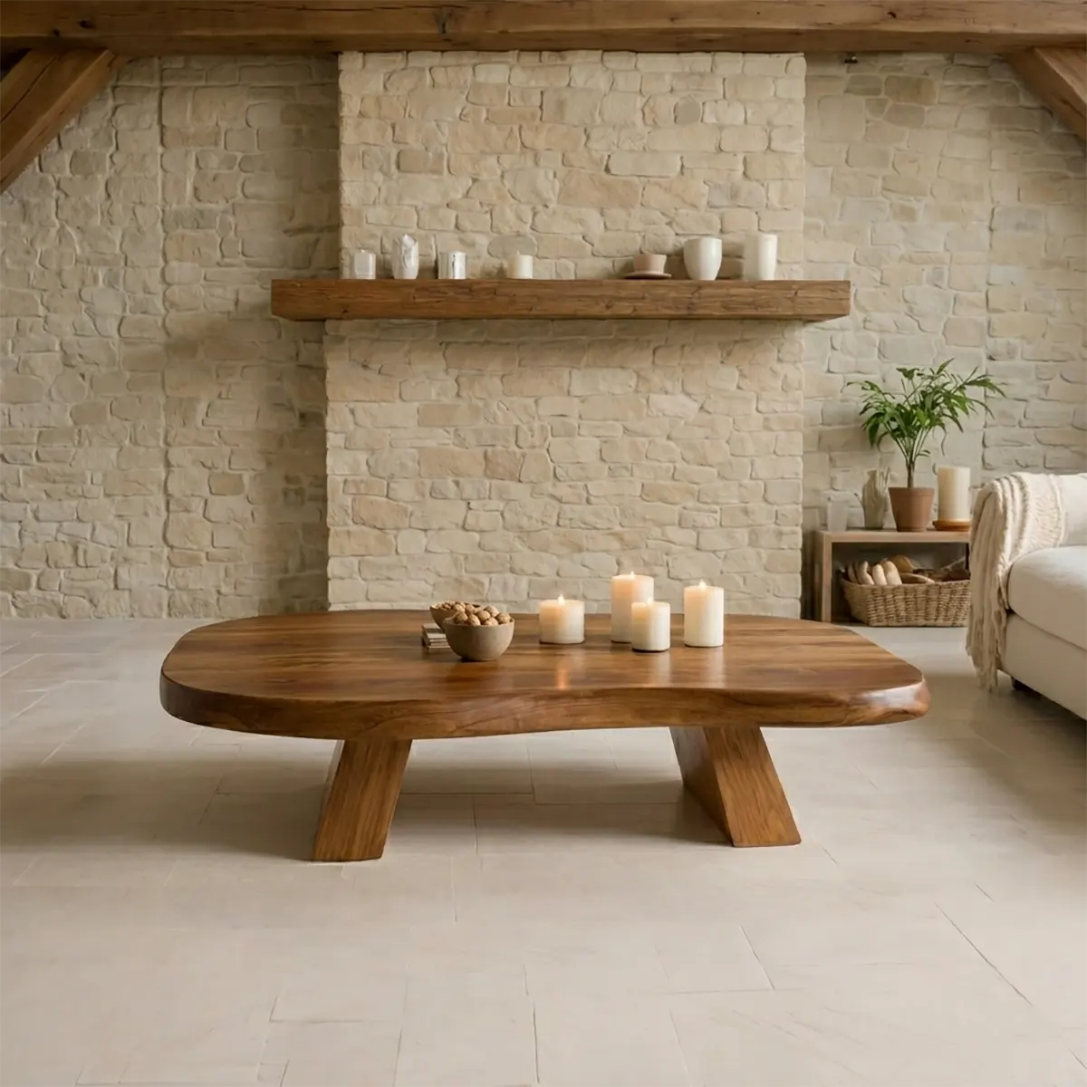 Large Organic Solid Wood Coffee Table with Tapered Pedestal Base