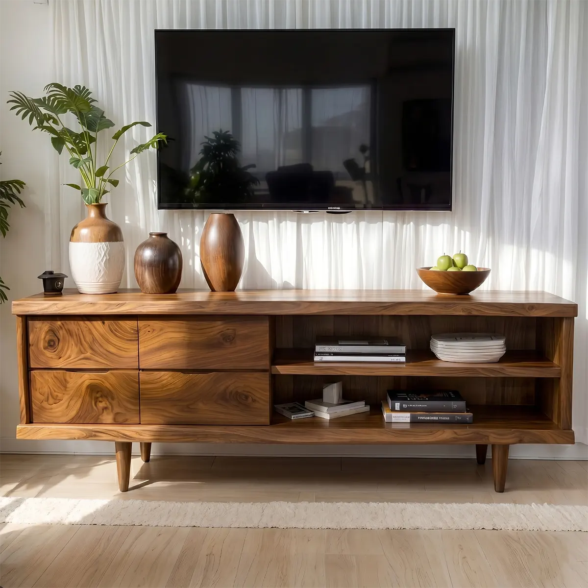 Mid Century Modern Solid Wood TV Stand with Live Edge Top