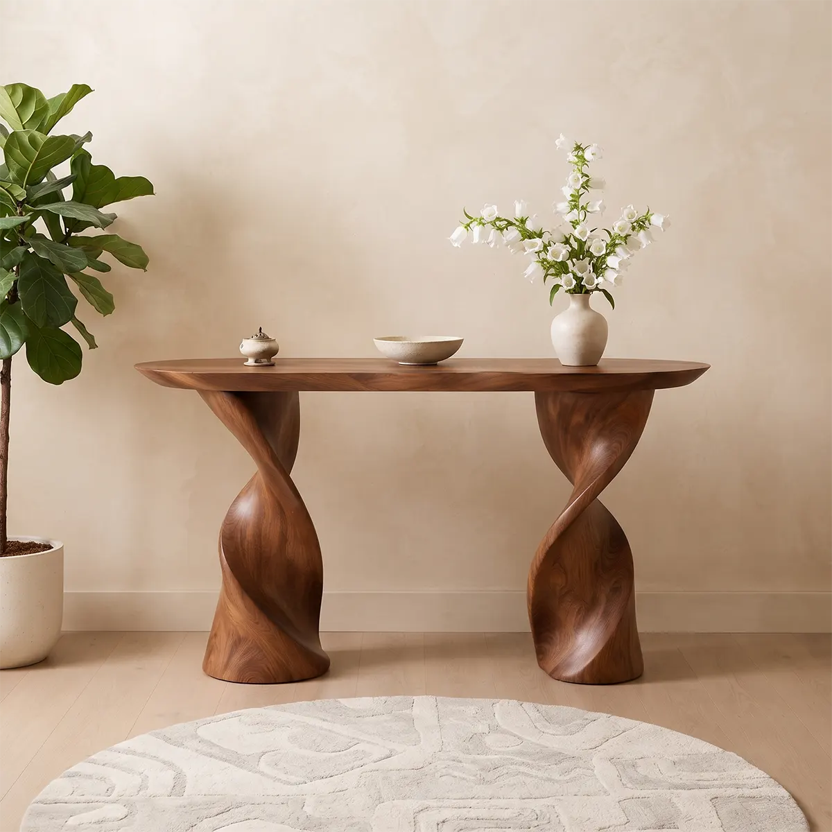 Modern Twist Pedestal Console Table | Sculptural Solid Wood Entryway Hallway Accent Table TT006-2523