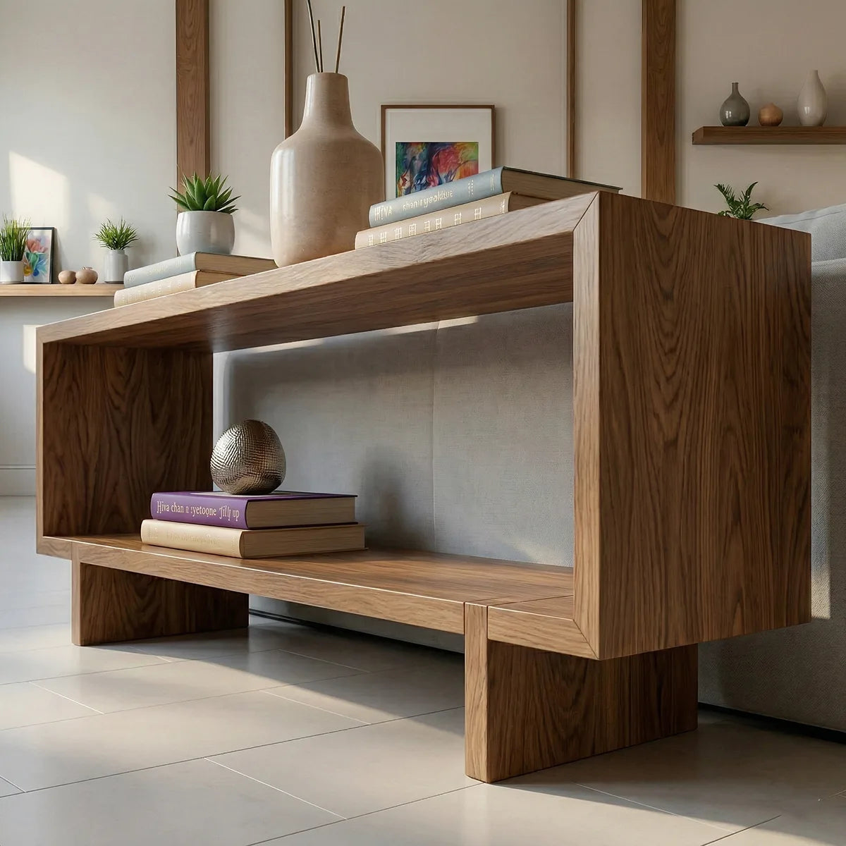 Solid Wood Sofa Console Table with Open Shelf and Block Legs