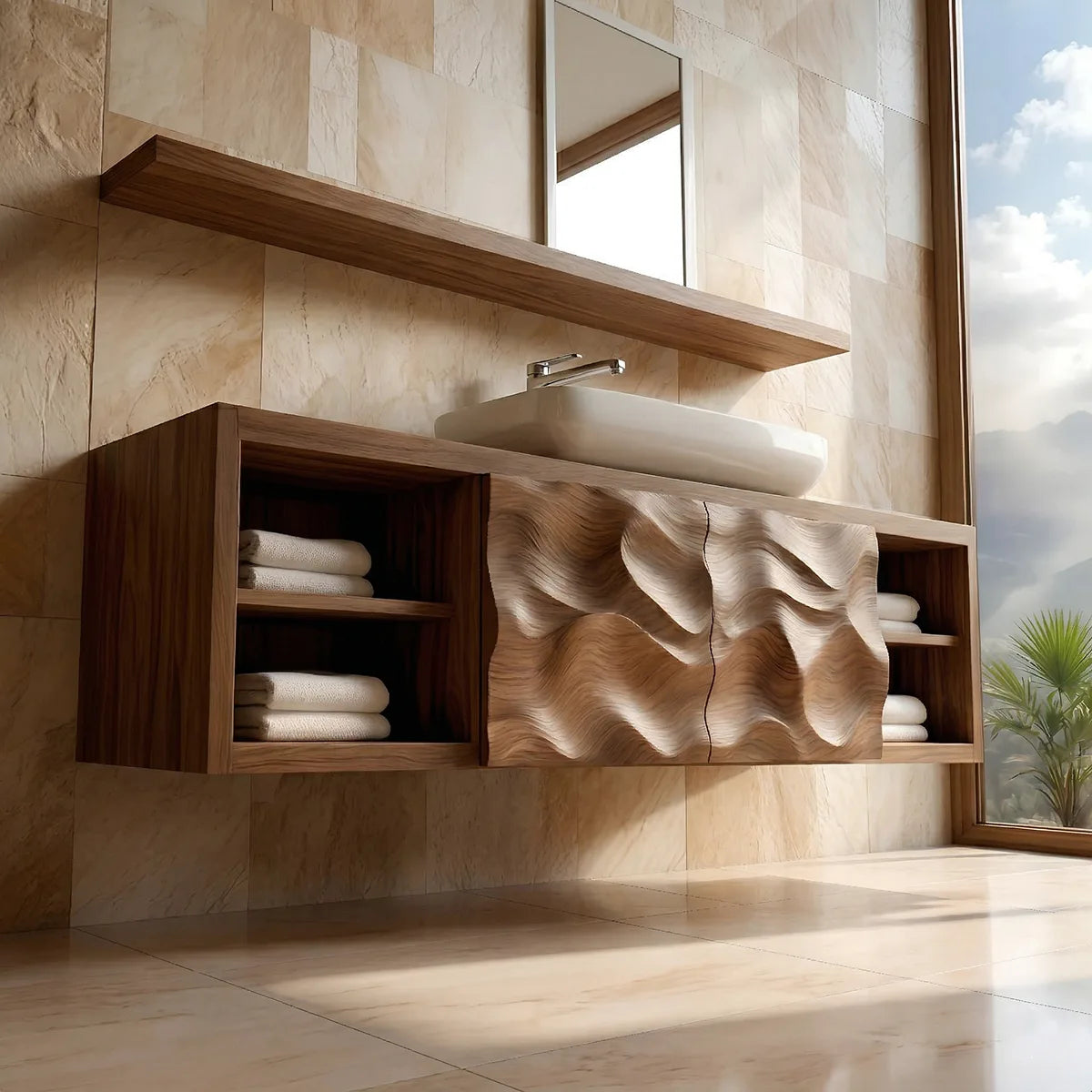 Floating Solid Wood Bathroom Vanity with Sculpted Doors and Open Side Shelves