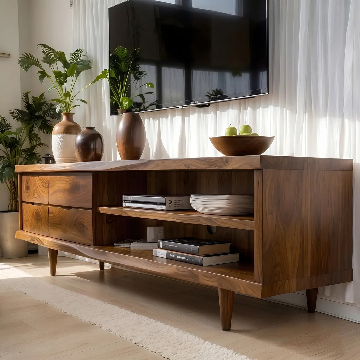 Mid Century Modern Solid Wood TV Stand with Live Edge Top