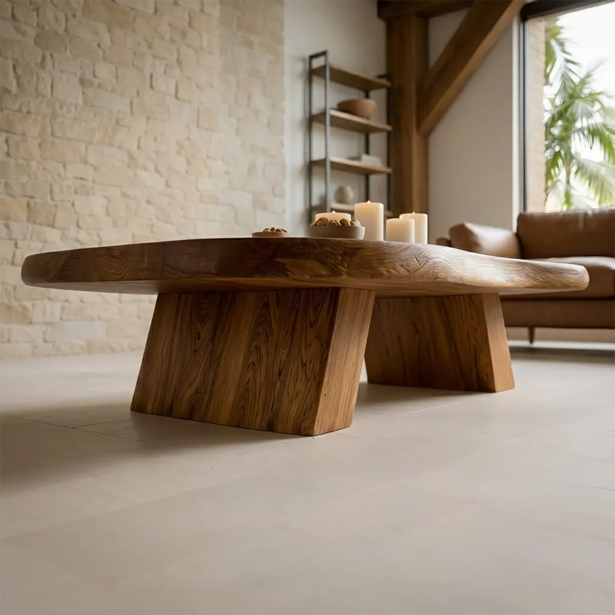 Large Organic Solid Wood Coffee Table with Tapered Pedestal Base