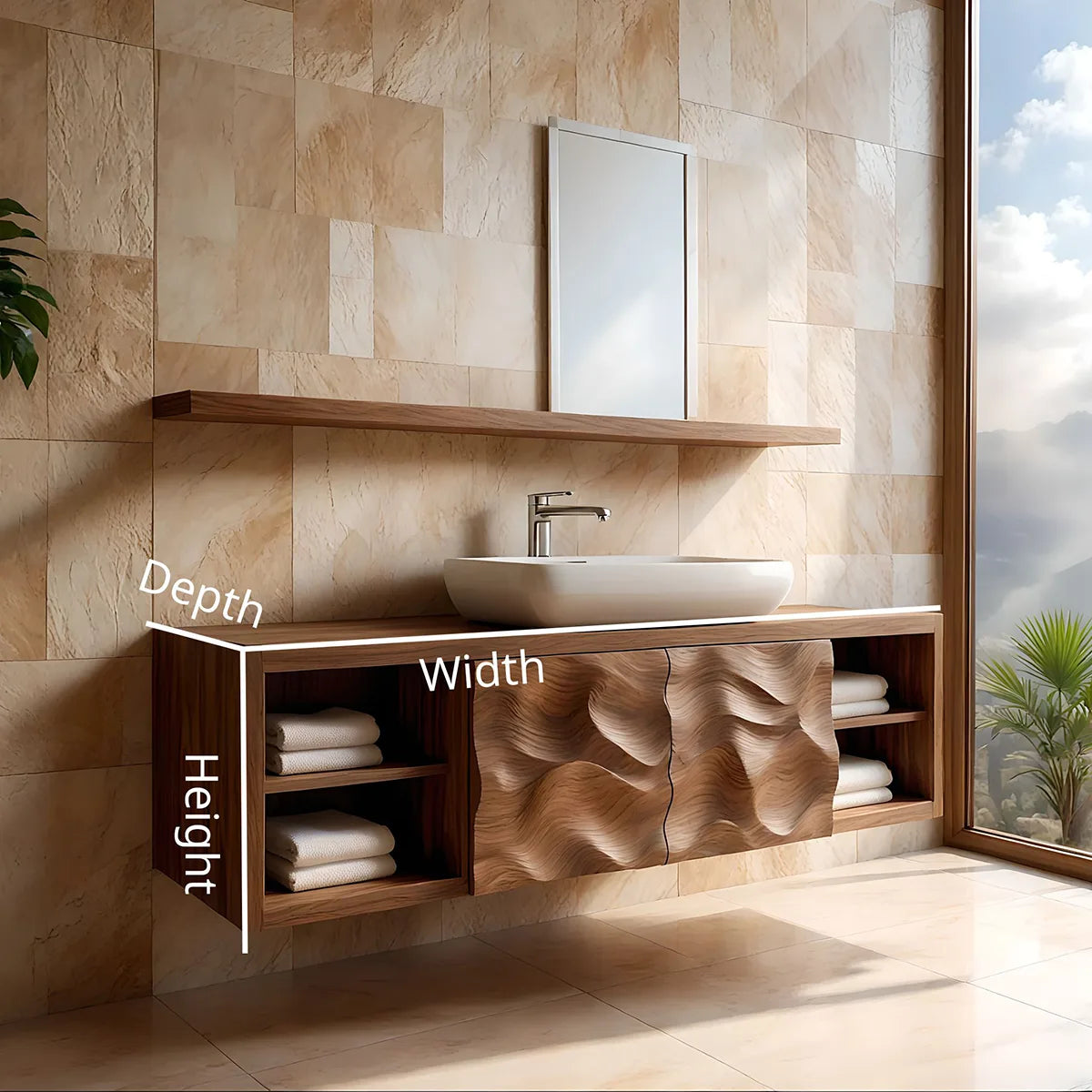 Floating Solid Wood Bathroom Vanity with Sculpted Doors and Open Side Shelves