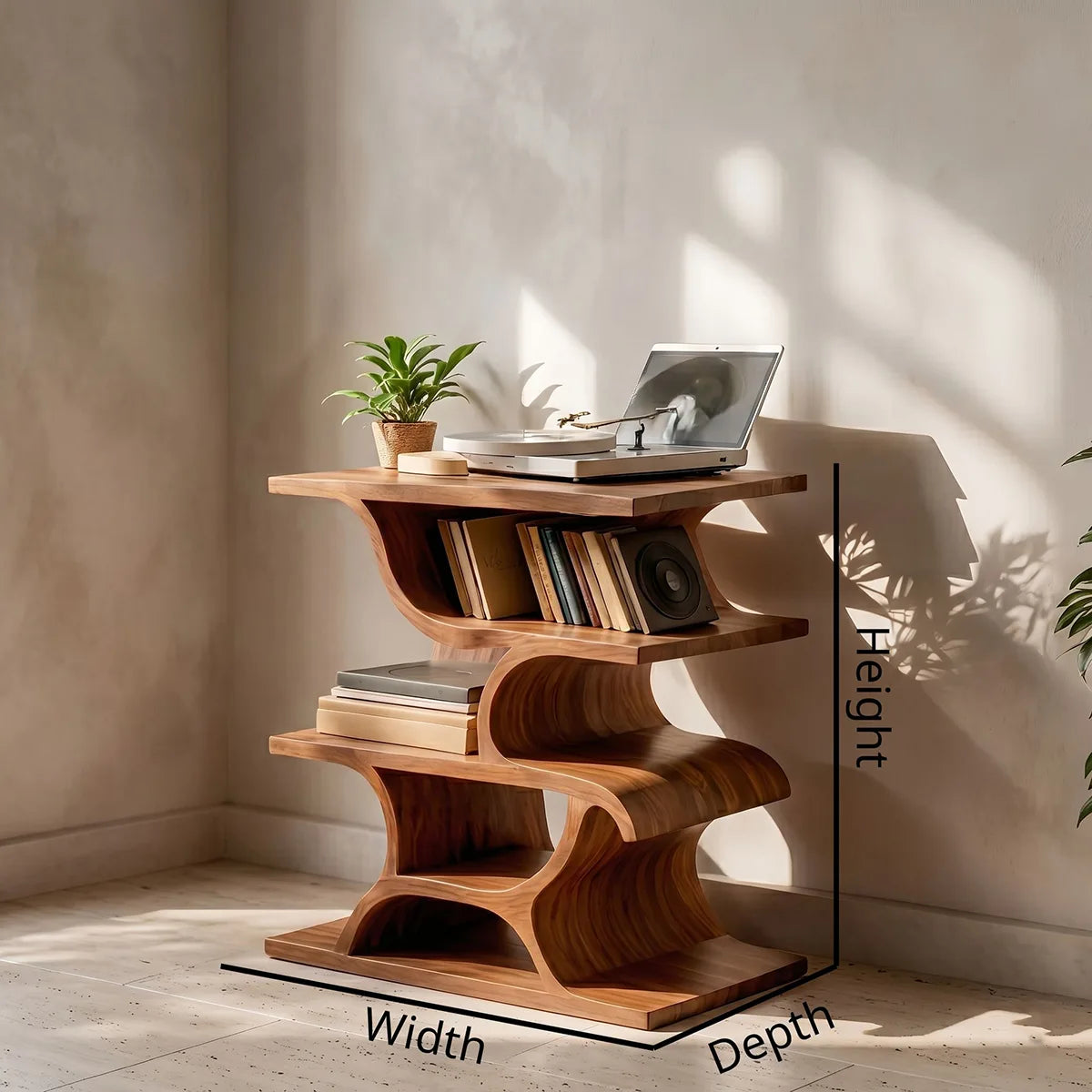 Modern Solid Wood Record Player Stand, Curved Wooden Vinyl Storage Shelf