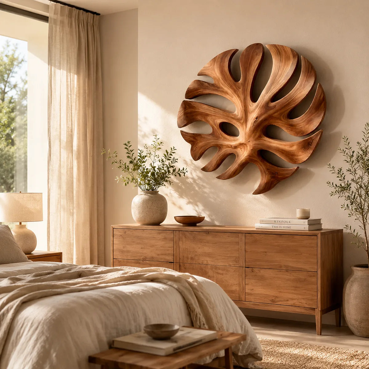 Round Monstera Leaf Wood Wall Art | Tropical Botanical Wooden Wall Decor for Living Room, Bedroom & Entryway TT006-2435