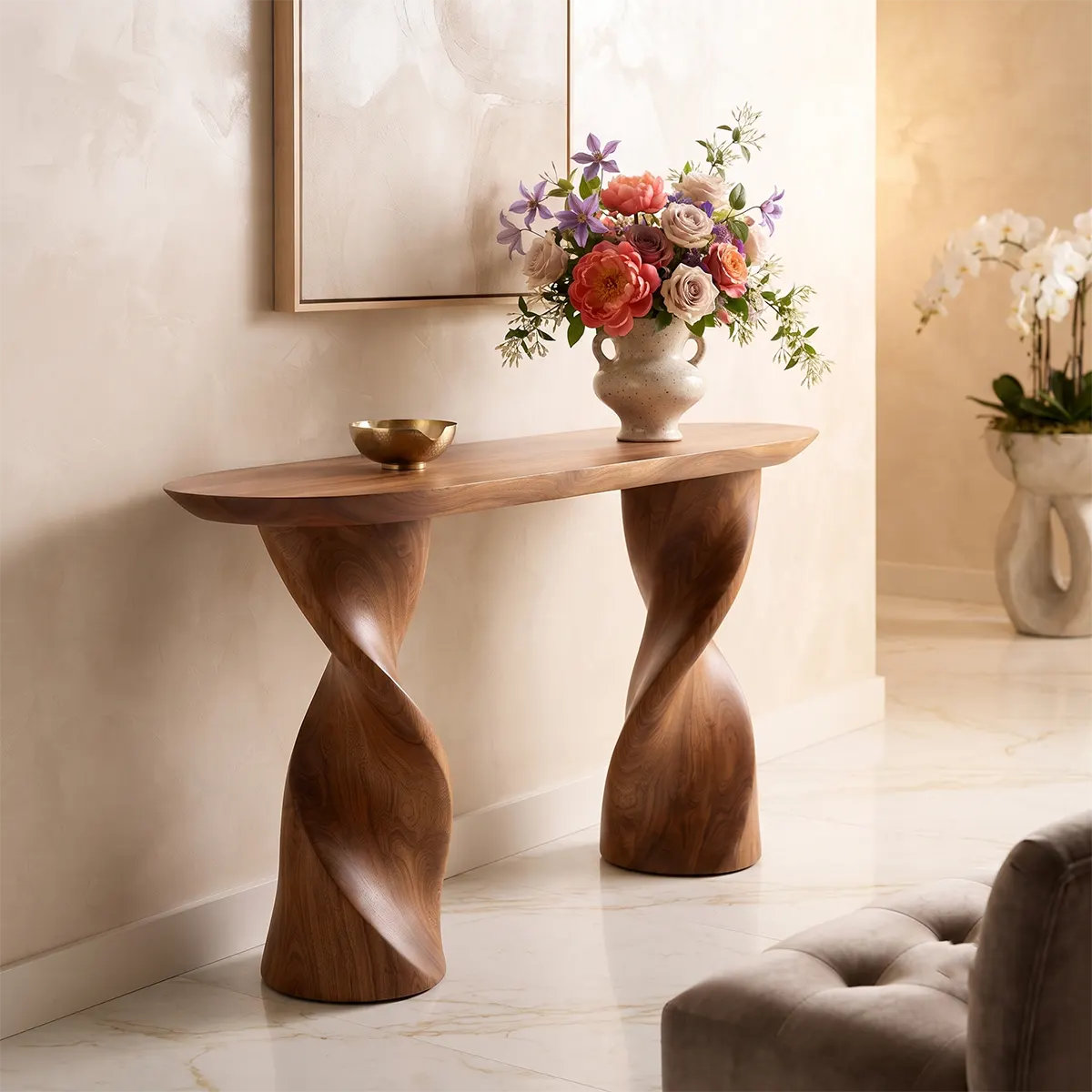 Modern Twist Pedestal Console Table | Sculptural Solid Wood Entryway Hallway Accent Table TT006-2523