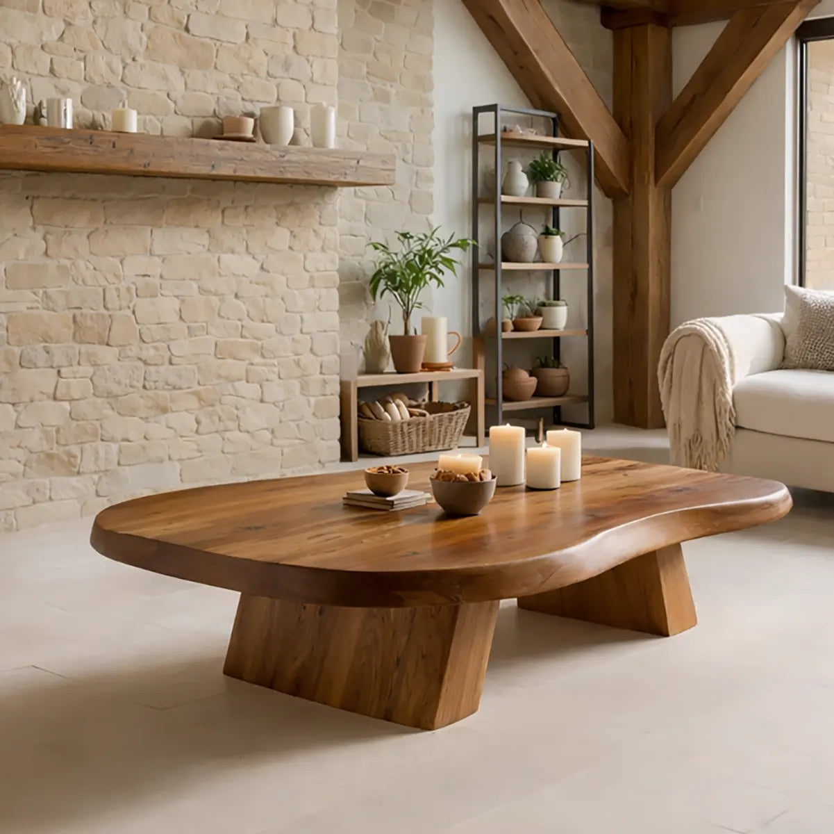 Large Organic Solid Wood Coffee Table with Tapered Pedestal Base