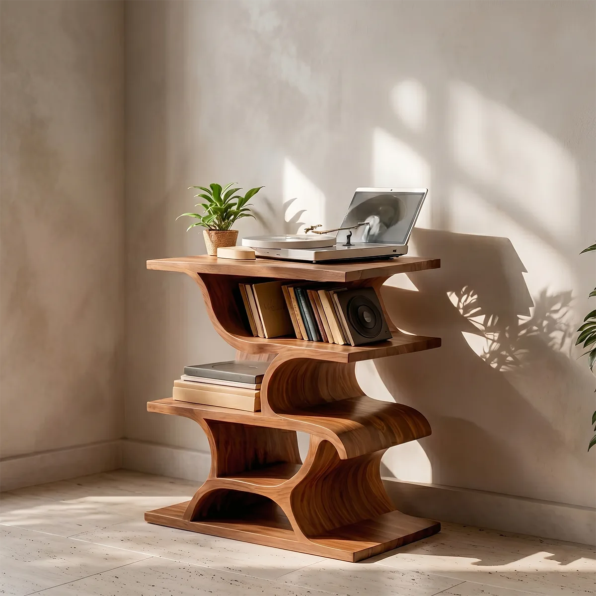Modern Solid Wood Record Player Stand, Curved Wooden Vinyl Storage Shelf