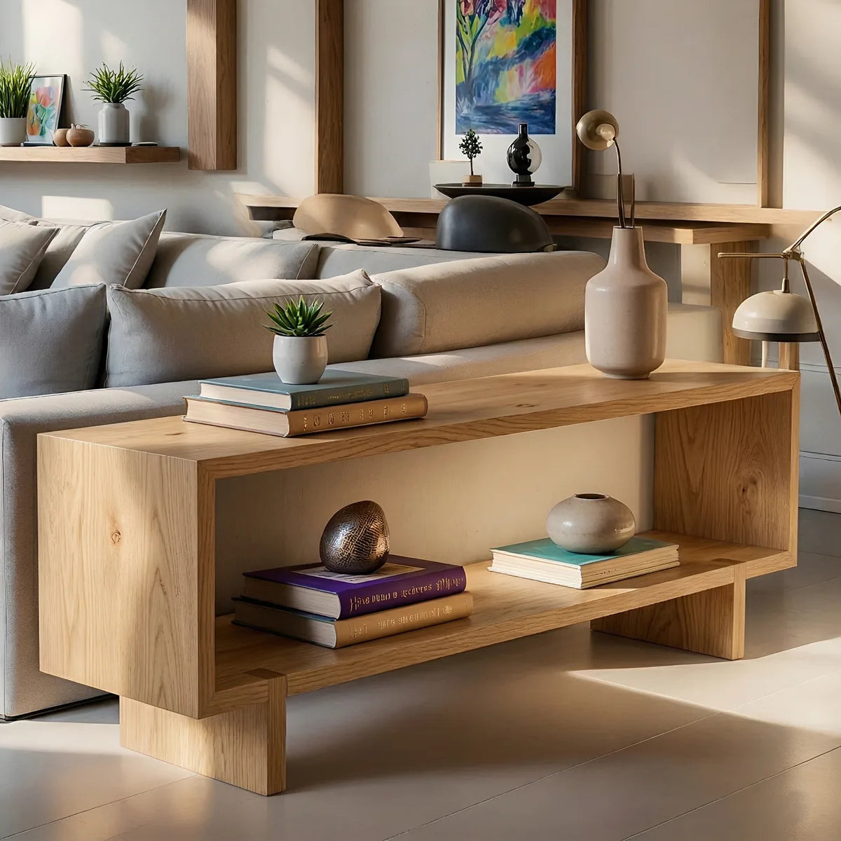 Solid Wood Sofa Console Table with Open Shelf and Block Legs