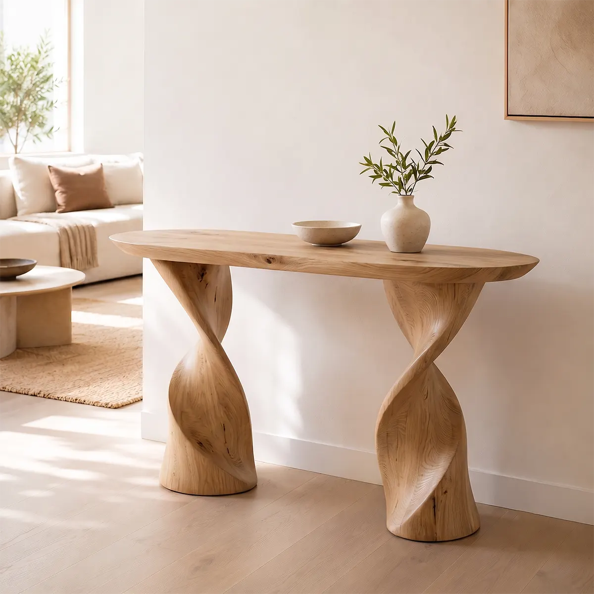 Modern Twist Pedestal Console Table | Sculptural Solid Wood Entryway Hallway Accent Table TT006-2523