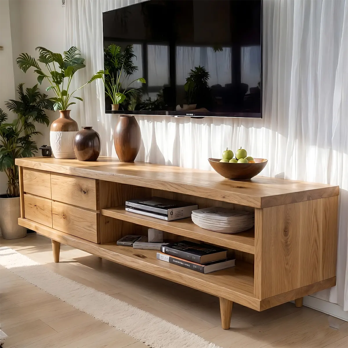 Mid Century Modern Solid Wood TV Stand with Live Edge Top
