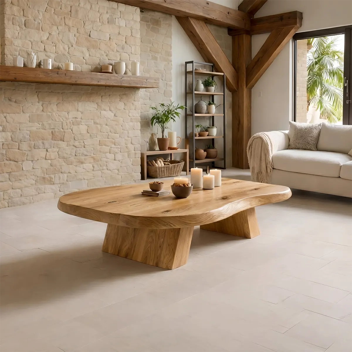Large Organic Solid Wood Coffee Table with Tapered Pedestal Base
