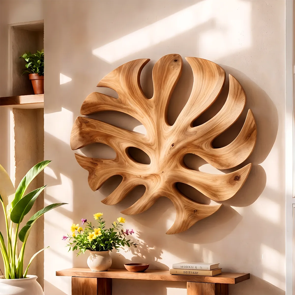 Round Monstera Leaf Wood Wall Art | Tropical Botanical Wooden Wall Decor for Living Room, Bedroom & Entryway TT006-2435