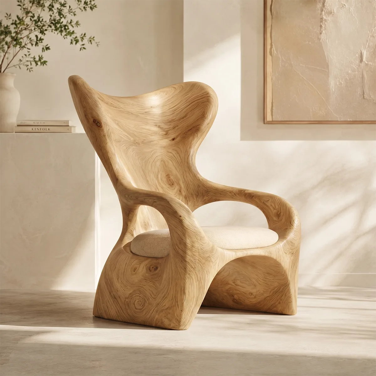 Organic High Back Solid Wood Lounge Chair | Sculptural Handcrafted Wooden Accent Chair TT006-3675