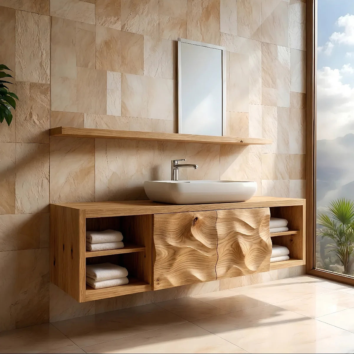 Floating Solid Wood Bathroom Vanity with Sculpted Doors and Open Side Shelves