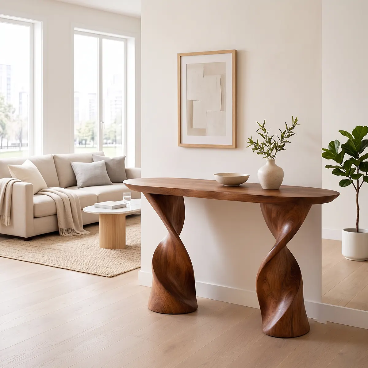 Modern Twist Pedestal Console Table | Sculptural Solid Wood Entryway Hallway Accent Table TT006-2523