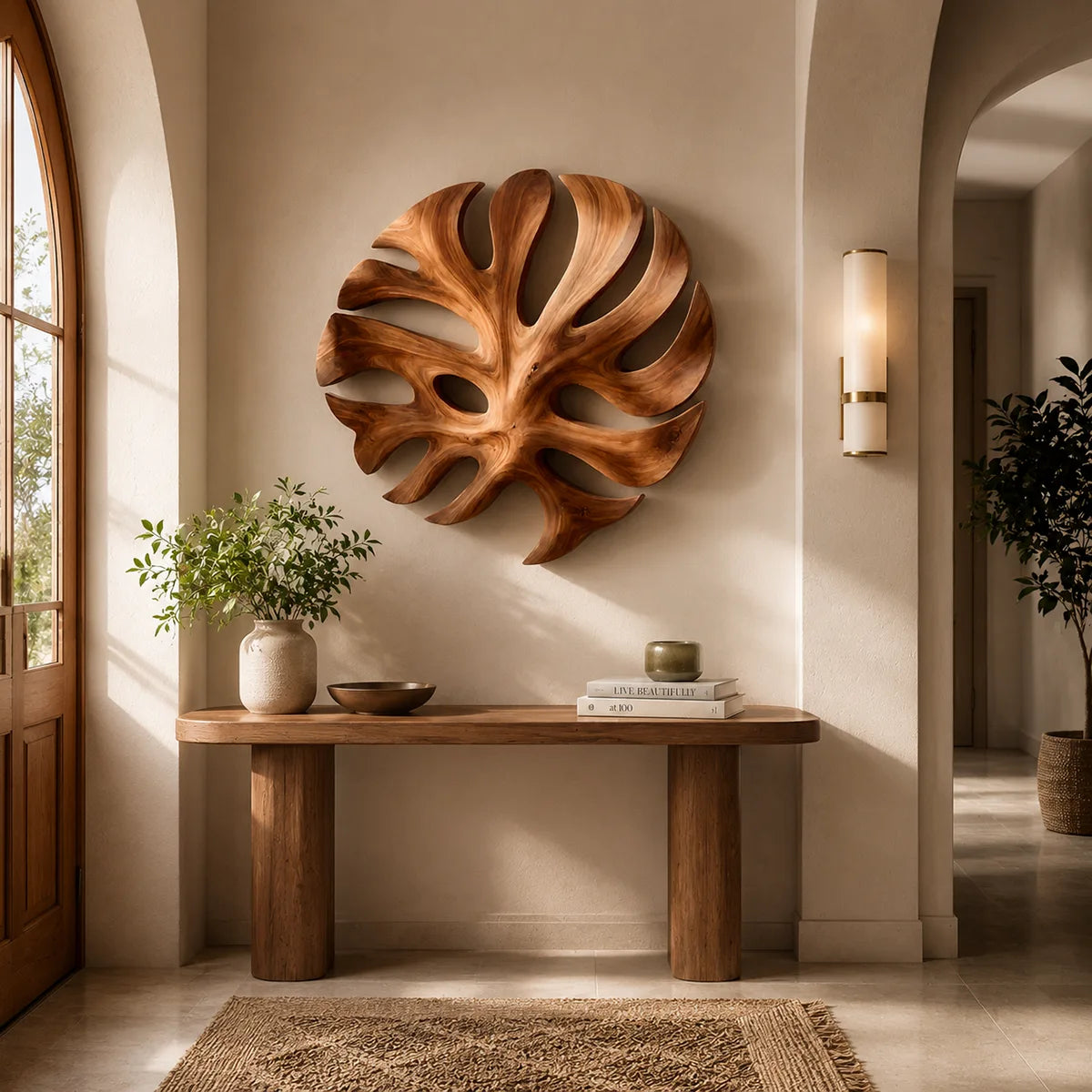 Round Monstera Leaf Wood Wall Art | Tropical Botanical Wooden Wall Decor for Living Room, Bedroom & Entryway TT006-2435