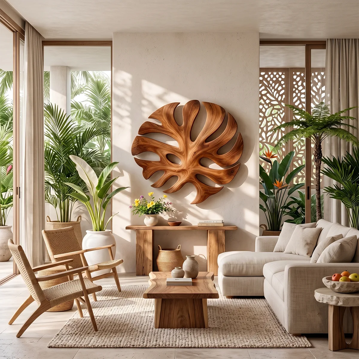 Round Monstera Leaf Wood Wall Art | Tropical Botanical Wooden Wall Decor for Living Room, Bedroom & Entryway TT006-2435