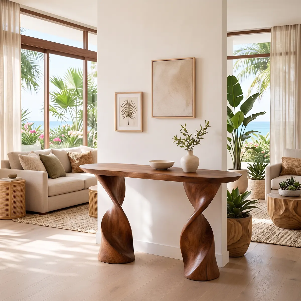 Modern Twist Pedestal Console Table | Sculptural Solid Wood Entryway Hallway Accent Table TT006-2523