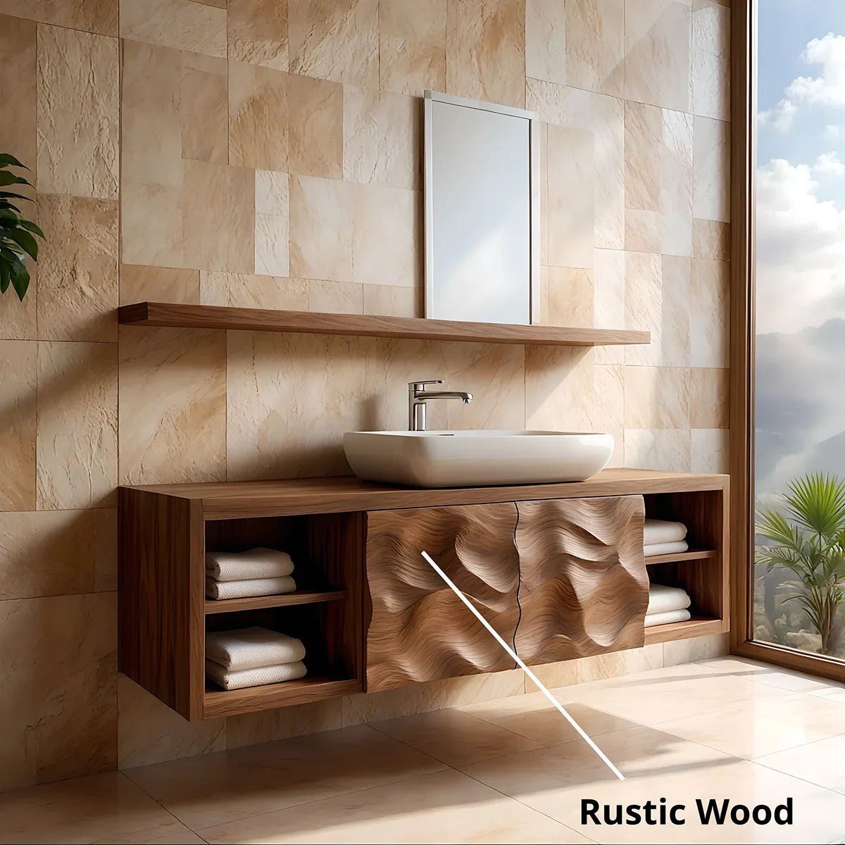 Floating Solid Wood Bathroom Vanity with Sculpted Doors and Open Side Shelves